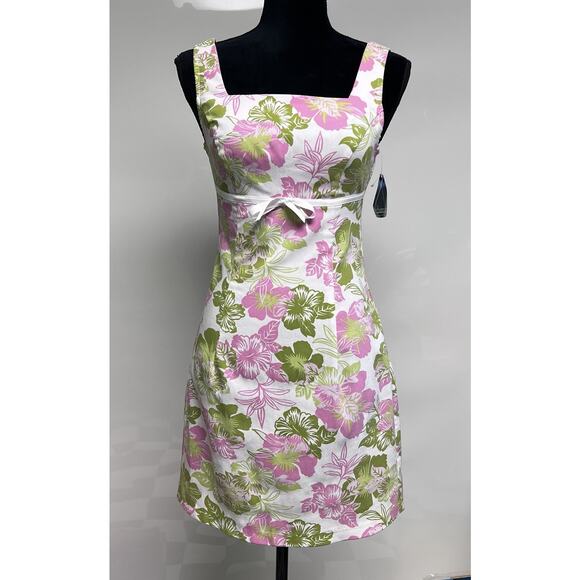 VTG 90s Y2K City Triangles Hibiscus Hawaiian Floral Sundress Sz 5 Pink Green NEW - Picture 1 of 9